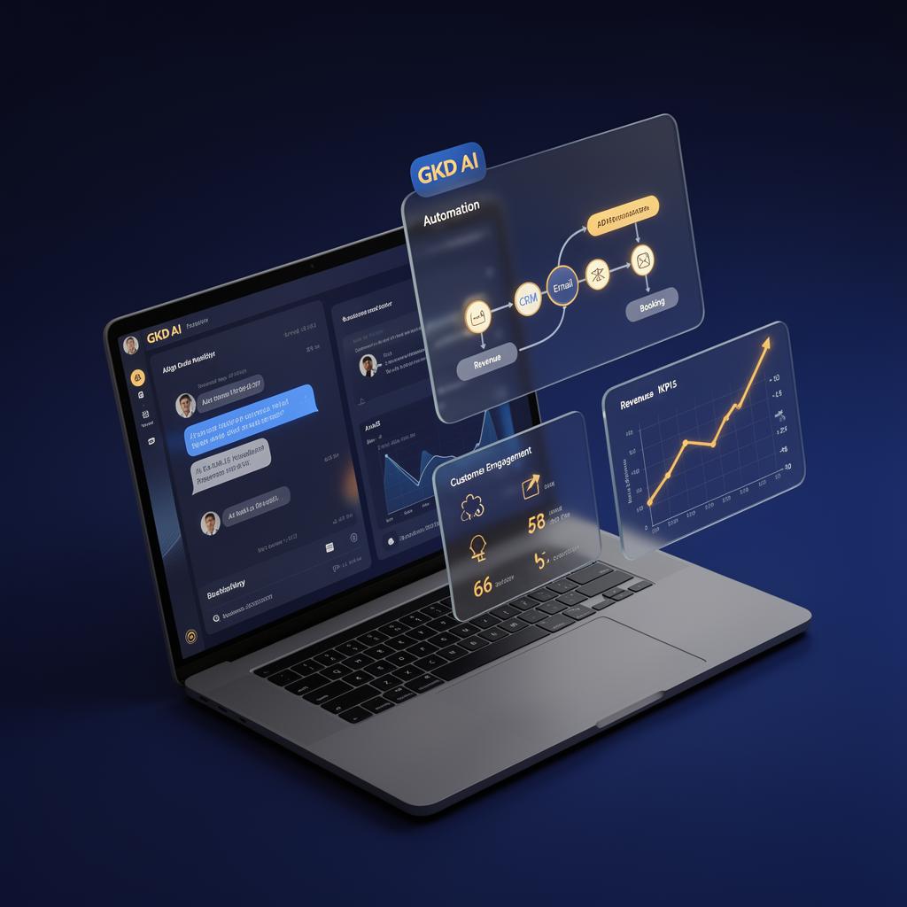 GKD AI branded business dashboard showing AI chatbot interface, automation workflow and revenue analytics